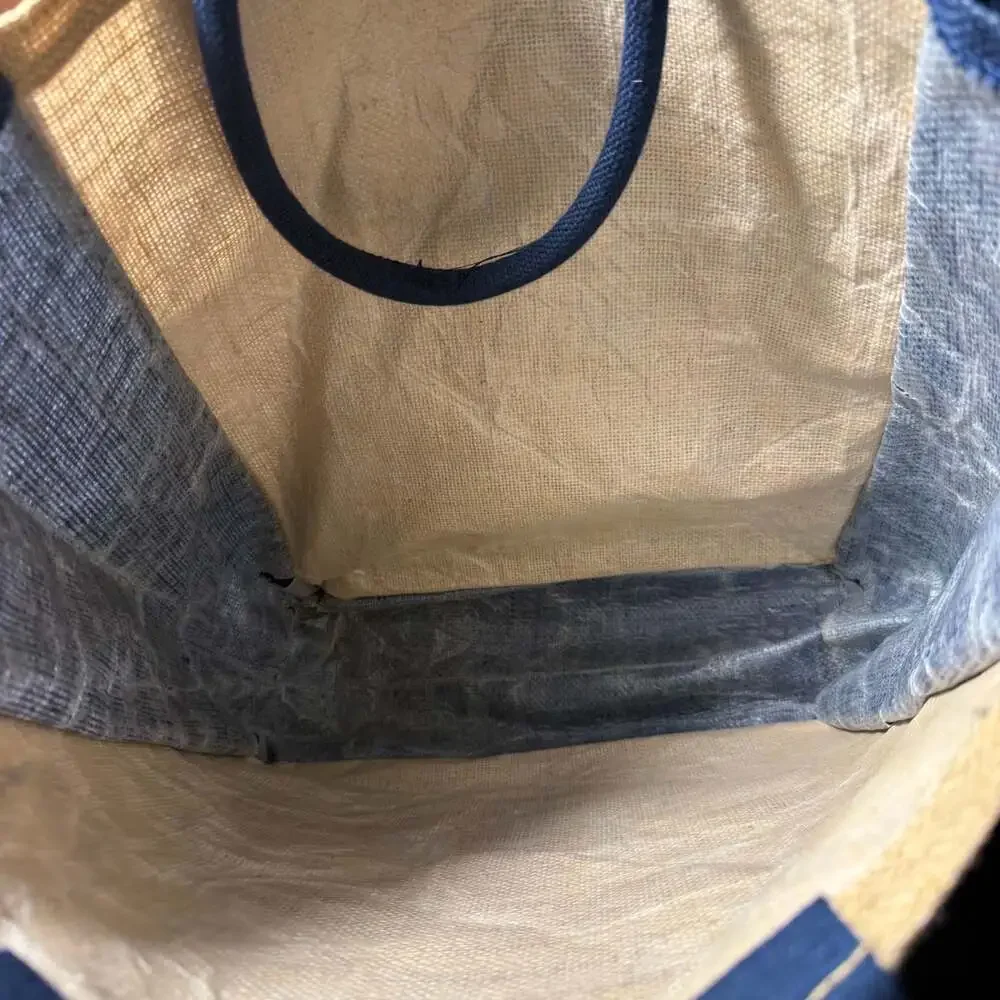 Nautical Anchor Print Natural Jute and Navy Burlap Beach Tote Bag